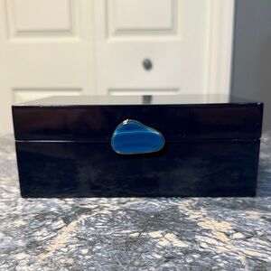 Elegant Royal Blue Jewelry Box with Blue Stone and Gold Accent Trim